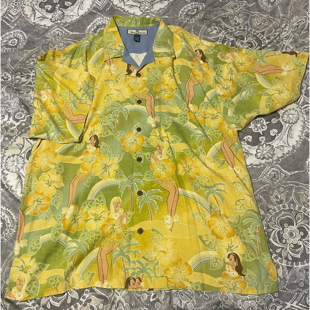 Tommy Bahama Hawaiian Girl button down silk shirt XL vintage